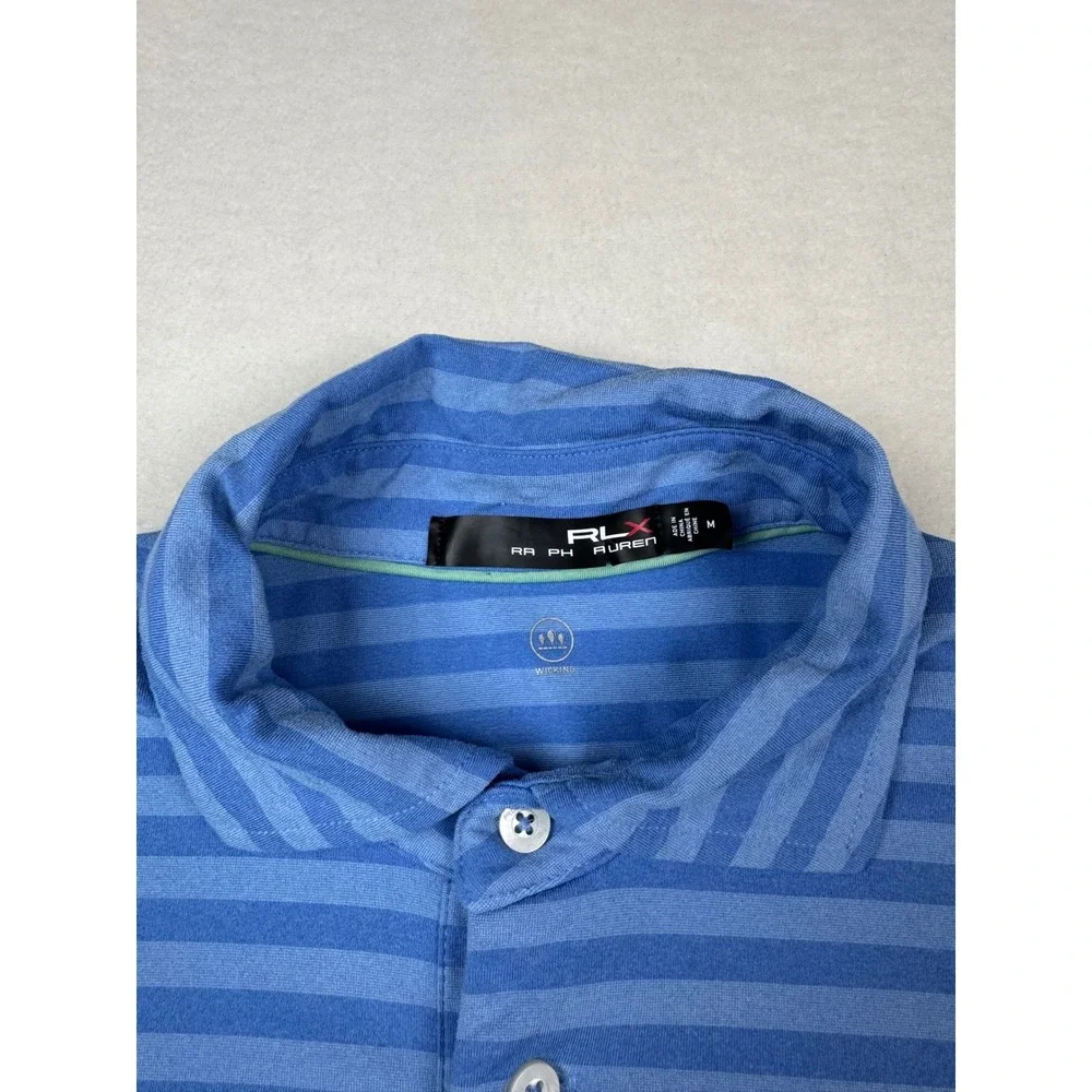 RLX Ralph Lauren Golf Polo Shirt Striped Performance Blue‎ Short Sleeve Medium